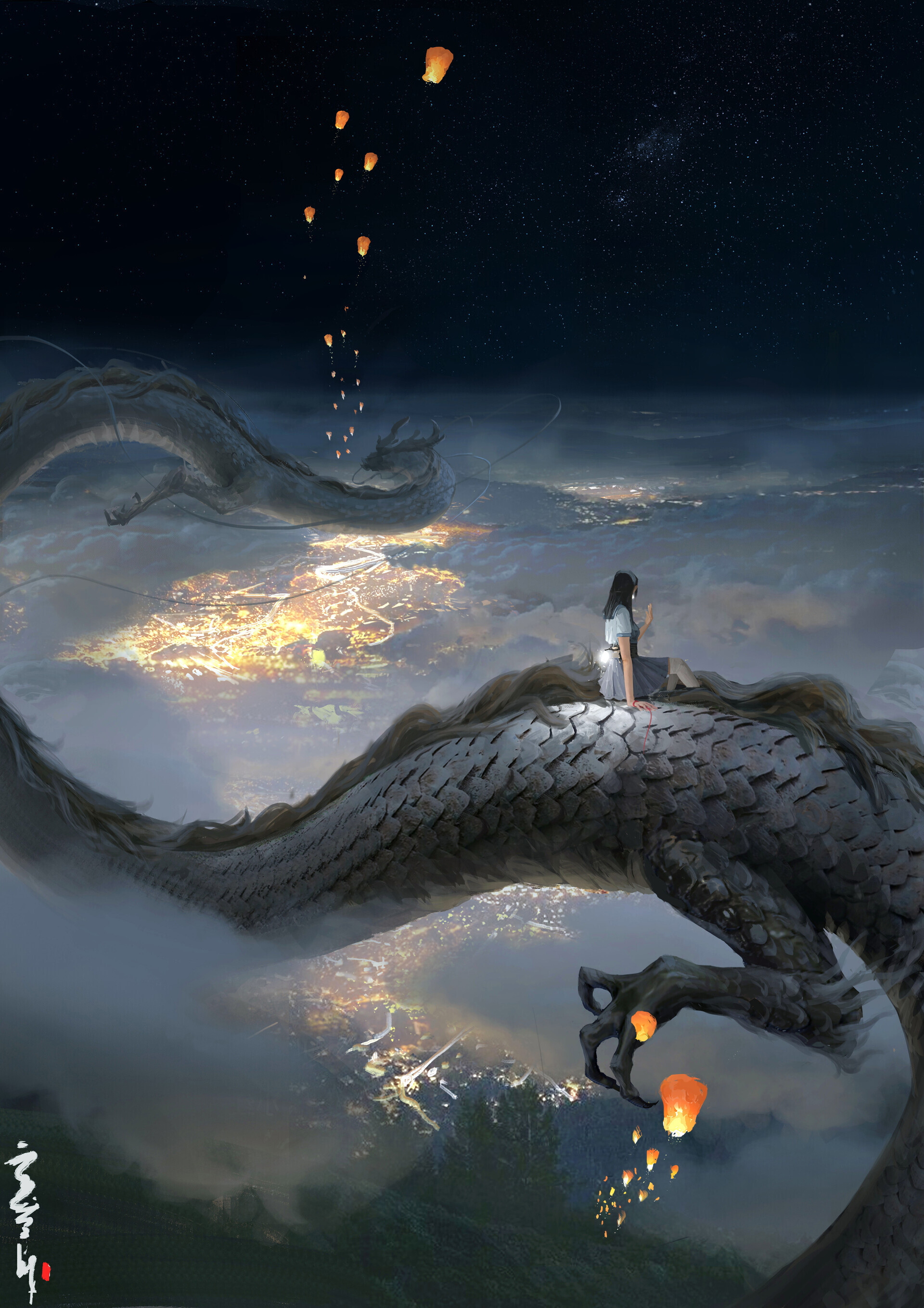 Riding a dragon - Art, Drawing, Girls, The Dragon, China, Flight