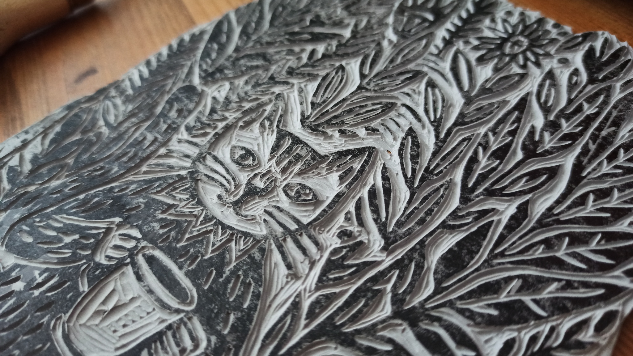 Linocut with a cat - My, Linocut, Creation, Postcard, Modern Art, Needlework without process, Seal, Video, Vertical video, Longpost