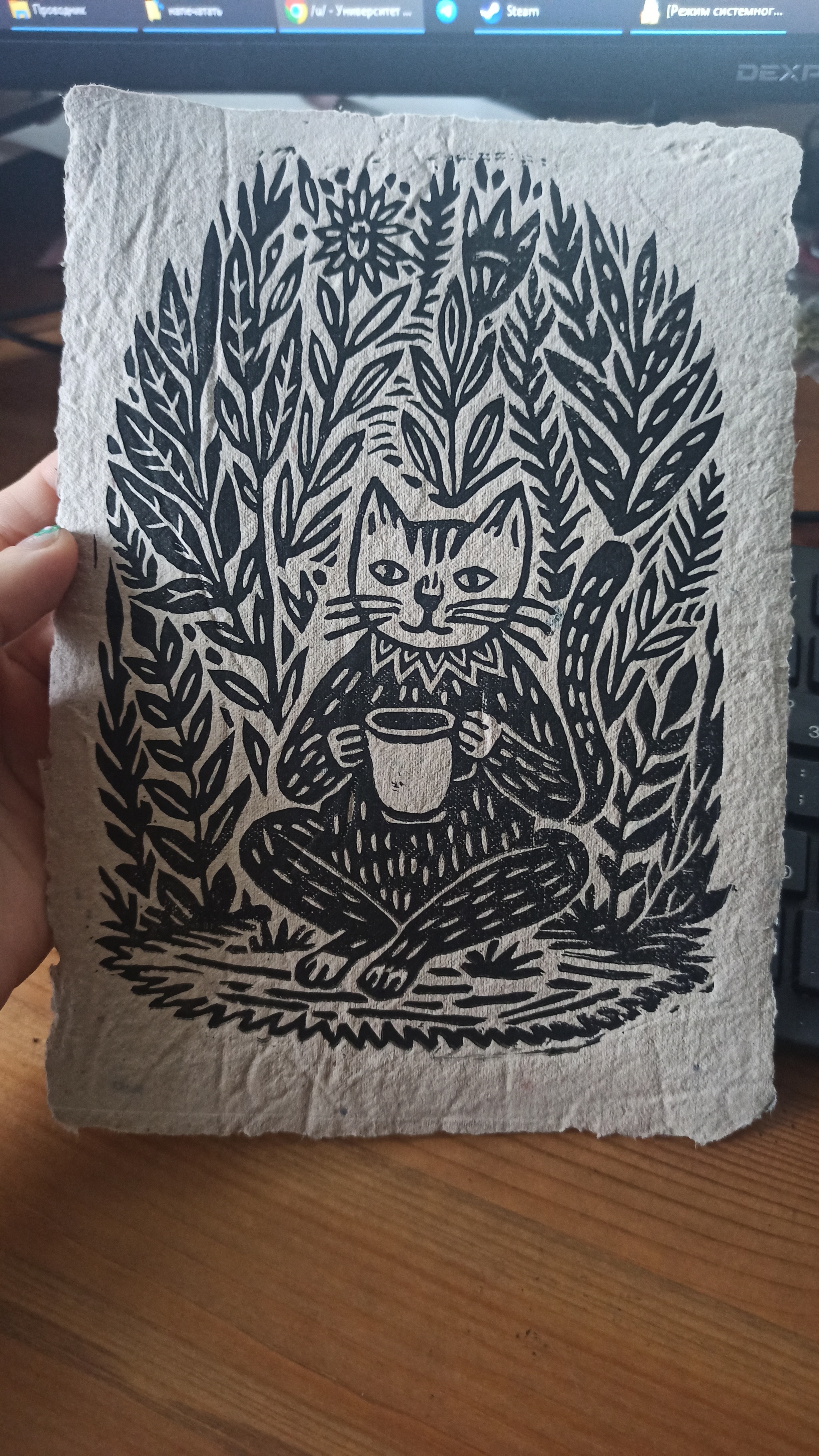 Linocut with a cat - My, Linocut, Creation, Postcard, Modern Art, Needlework without process, Seal, Video, Vertical video, Longpost