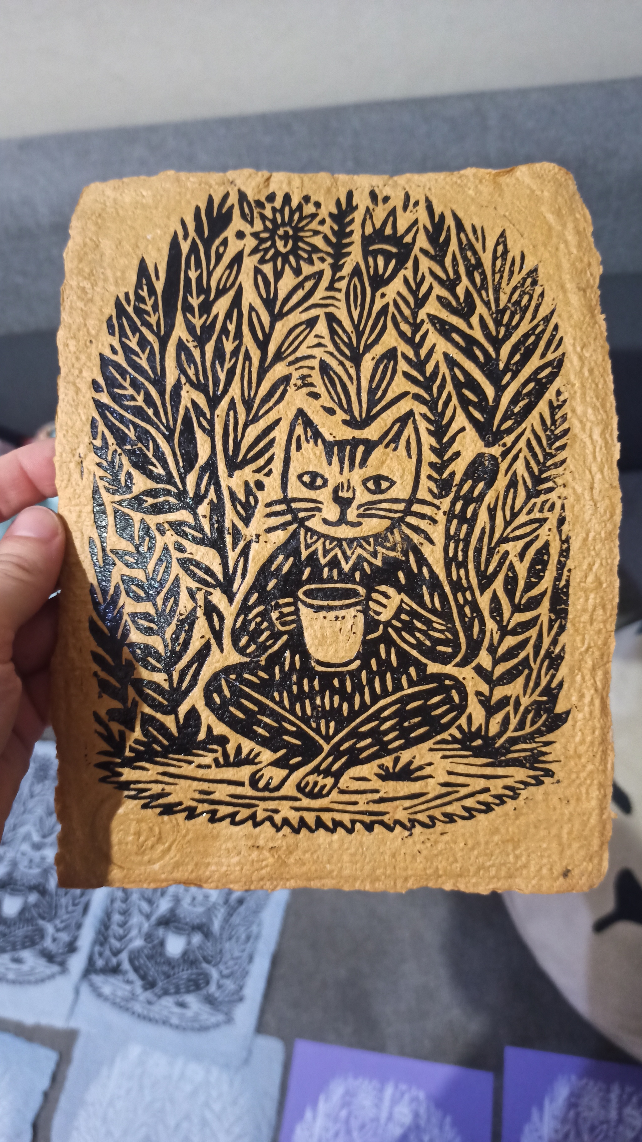 Linocut with a cat - My, Linocut, Creation, Postcard, Modern Art, Needlework without process, Seal, Video, Vertical video, Longpost