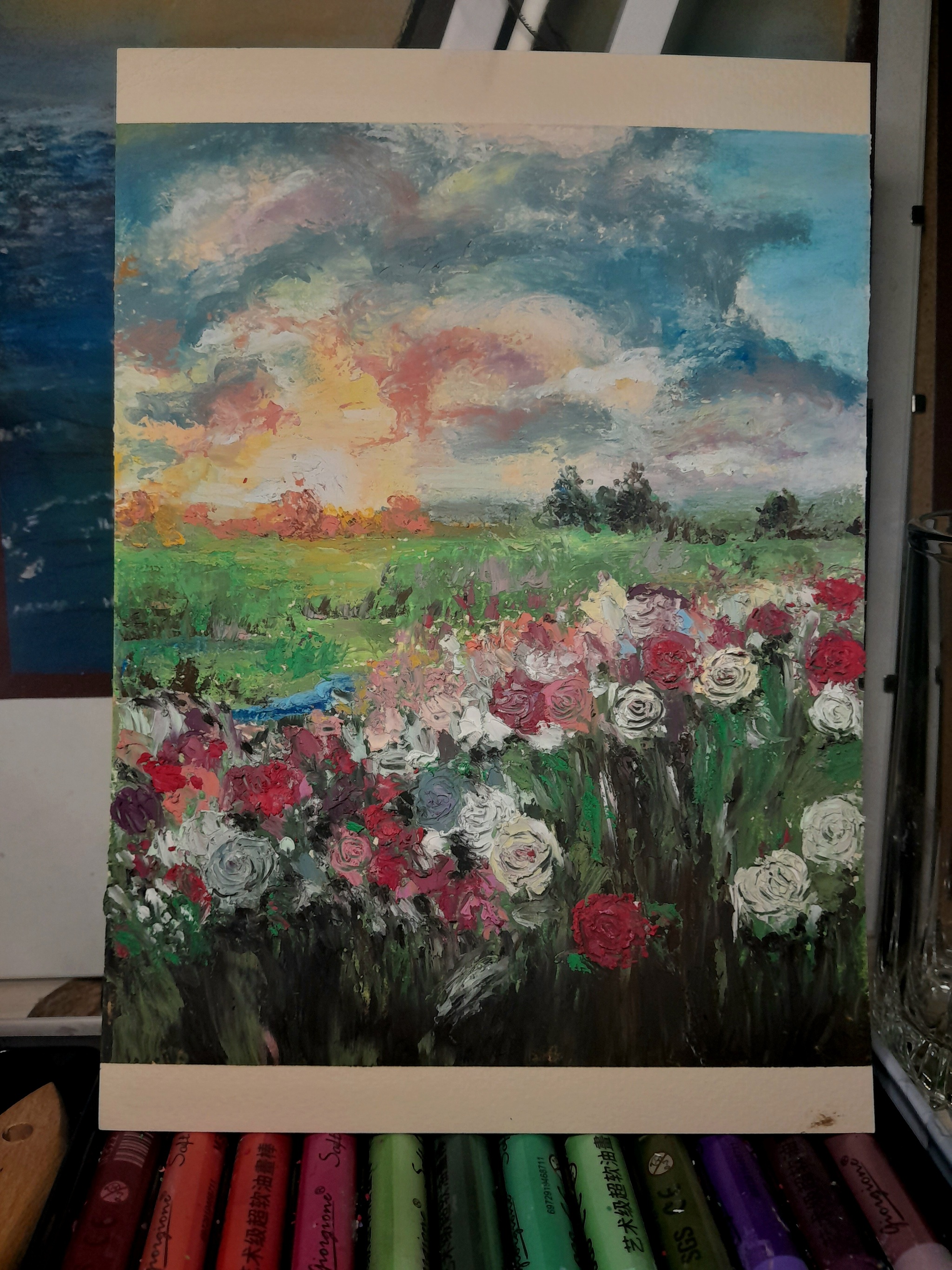 Sunset in August - My, Beginner artist, Painting, Drawing, Art, Sunset, Oil pastel, Creation, Painting, Video, Youtube, Longpost