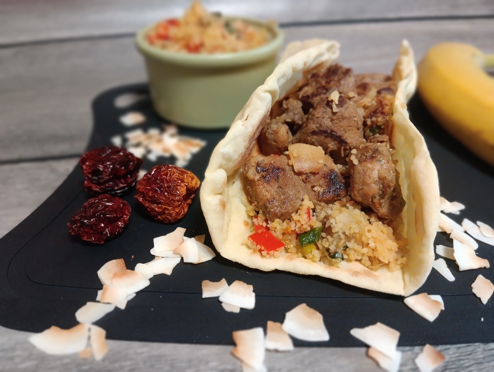 Naan with Jamaican Pork and Jamaican-Style Couscous (Jamie Oliver) - My, Recipe, Pepper, Pork, Tortillas, Coconut, A pineapple, Banana, Couscous, Longpost, Food