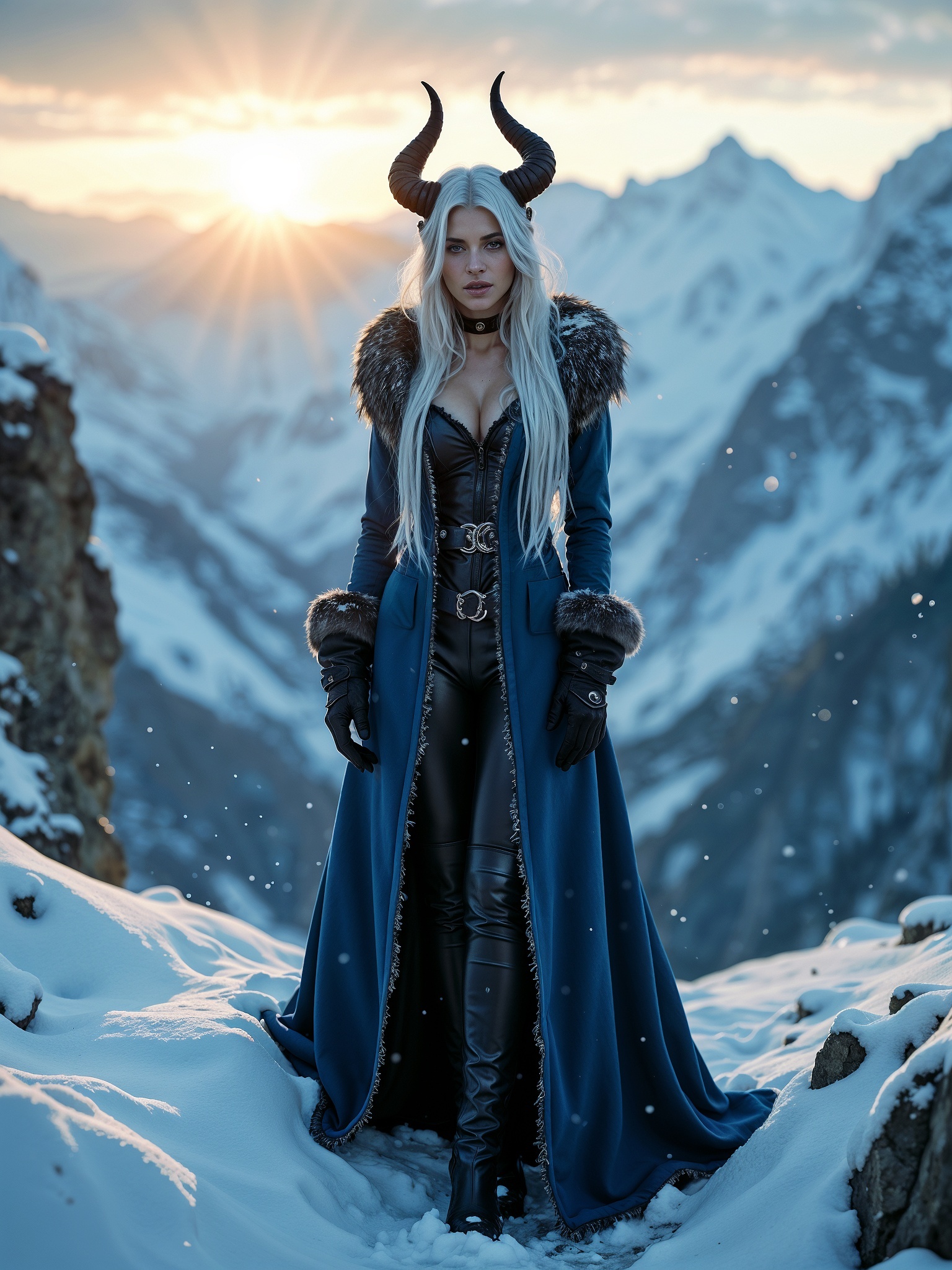 Dark Lady of the Northlands - Neural network art, Illustrations, Art, Lady, Demon, Demoness, The mountains, Snow, Blonde, Longpost