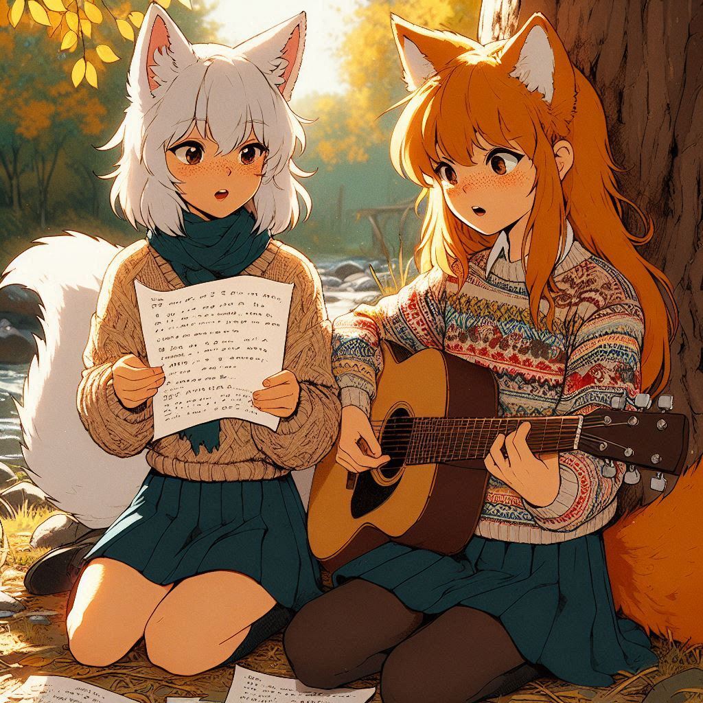 Writing our first song (memory) - My, Neural network art, Anime art, Art, Girls, Нейронные сети, Anime, Original character, Kitsune, Animal ears, Tail, Memories, Song, Guitar, Autumn, Ginger & White, Longpost