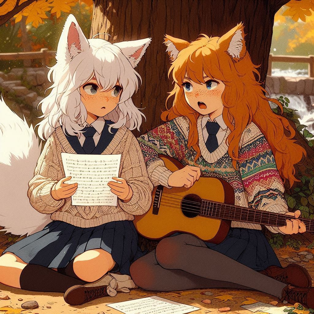 Writing our first song (memory) - My, Neural network art, Anime art, Art, Girls, Нейронные сети, Anime, Original character, Kitsune, Animal ears, Tail, Memories, Song, Guitar, Autumn, Ginger & White, Longpost