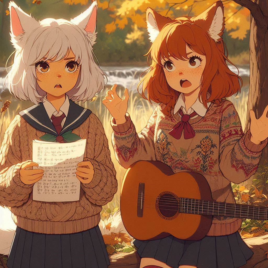 Writing our first song (memory) - My, Neural network art, Anime art, Art, Girls, Нейронные сети, Anime, Original character, Kitsune, Animal ears, Tail, Memories, Song, Guitar, Autumn, Ginger & White, Longpost