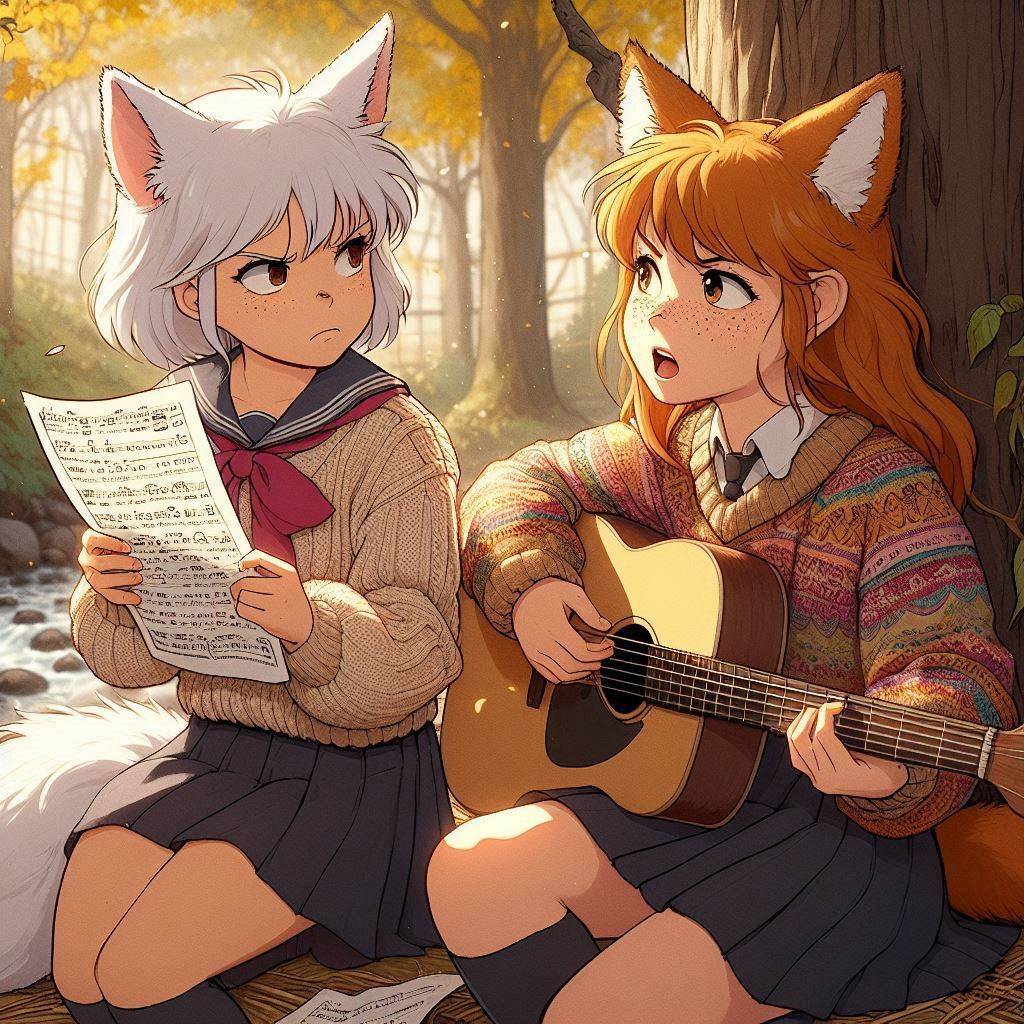 Writing our first song (memory) - My, Neural network art, Anime art, Art, Girls, Нейронные сети, Anime, Original character, Kitsune, Animal ears, Tail, Memories, Song, Guitar, Autumn, Ginger & White, Longpost