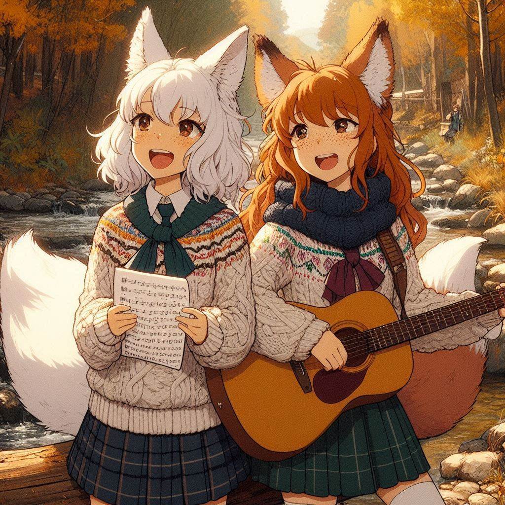 Writing our first song (memory) - My, Neural network art, Anime art, Art, Girls, Нейронные сети, Anime, Original character, Kitsune, Animal ears, Tail, Memories, Song, Guitar, Autumn, Ginger & White, Longpost