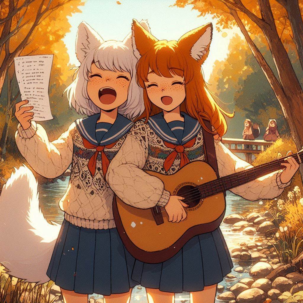 Writing our first song (memory) - My, Neural network art, Anime art, Art, Girls, Нейронные сети, Anime, Original character, Kitsune, Animal ears, Tail, Memories, Song, Guitar, Autumn, Ginger & White, Longpost