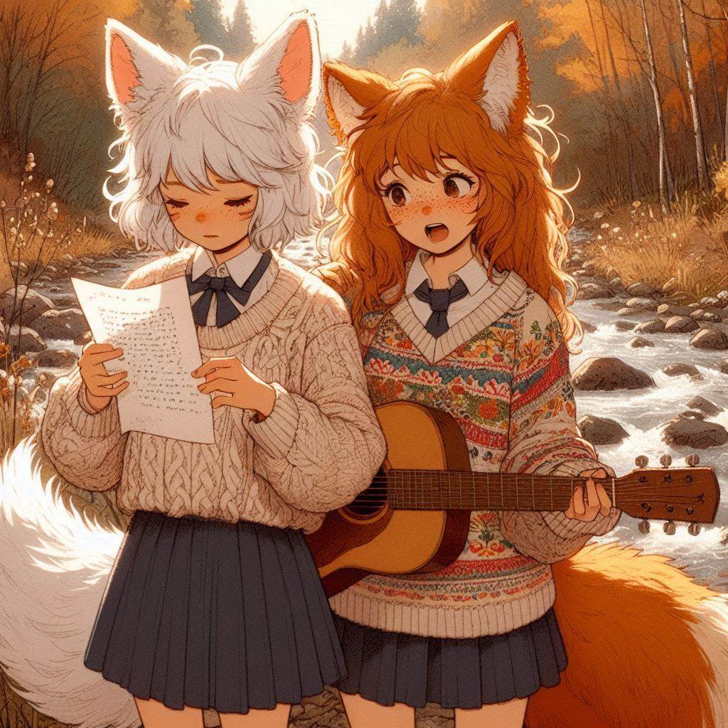 Writing our first song (memory) - My, Neural network art, Anime art, Art, Girls, Нейронные сети, Anime, Original character, Kitsune, Animal ears, Tail, Memories, Song, Guitar, Autumn, Ginger & White, Longpost