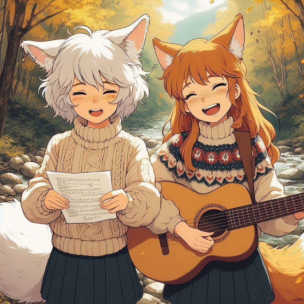 Writing our first song (memory) - My, Neural network art, Anime art, Art, Girls, Нейронные сети, Anime, Original character, Kitsune, Animal ears, Tail, Memories, Song, Guitar, Autumn, Ginger & White, Longpost