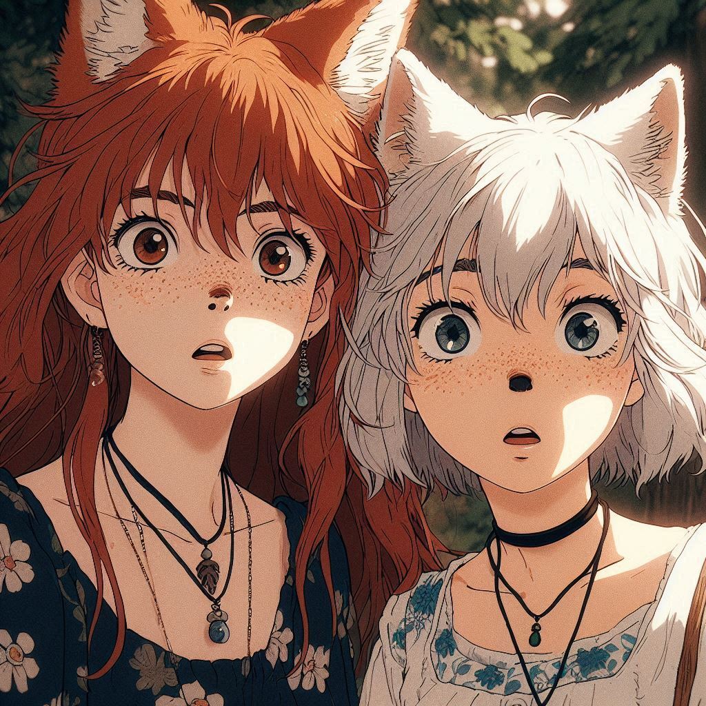 What's that there? - My, Art, Neural network art, Нейронные сети, Girls, Anime art, Anime, Original character, Kitsune, Animal ears, Tail, Hollow, Тайны, Ginger & White, Longpost