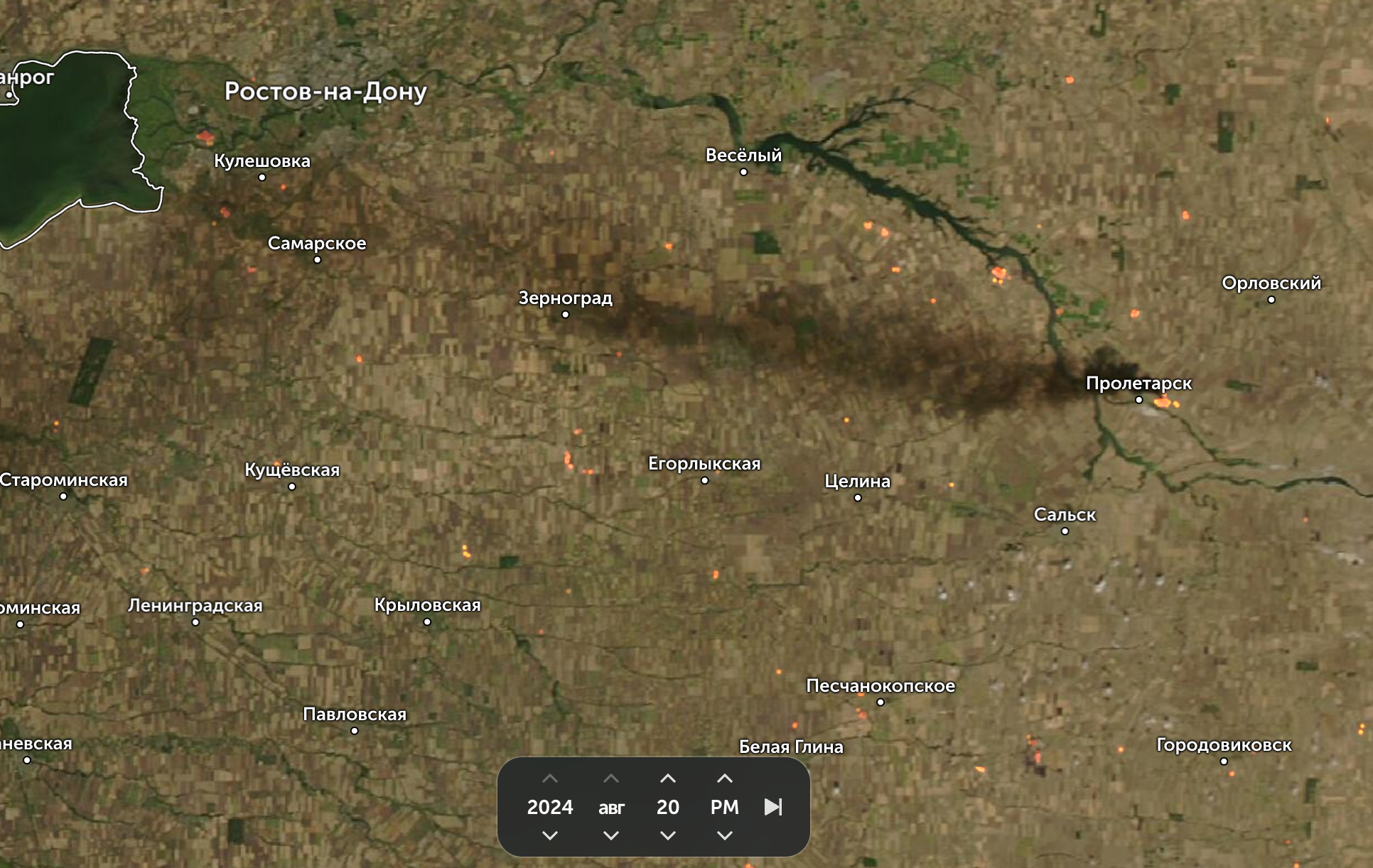 Smoke from a fire at the Proletarsk oil depot in a satellite image - My, Fire, Rostov region, Drone, Ministry of Emergency Situations, Tank farm, Satellites, Cards