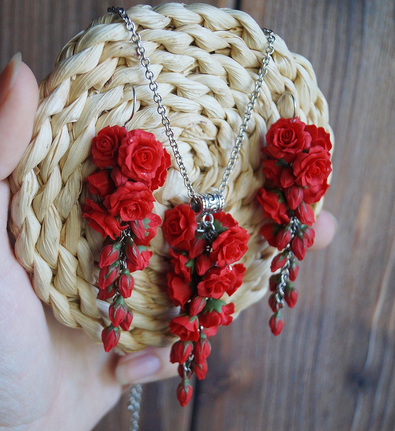 Cluster earrings with scarlet roses, handmade - My, Polymer clay, the Rose, Needlework without process, Friday tag is mine, Лепка, Longpost