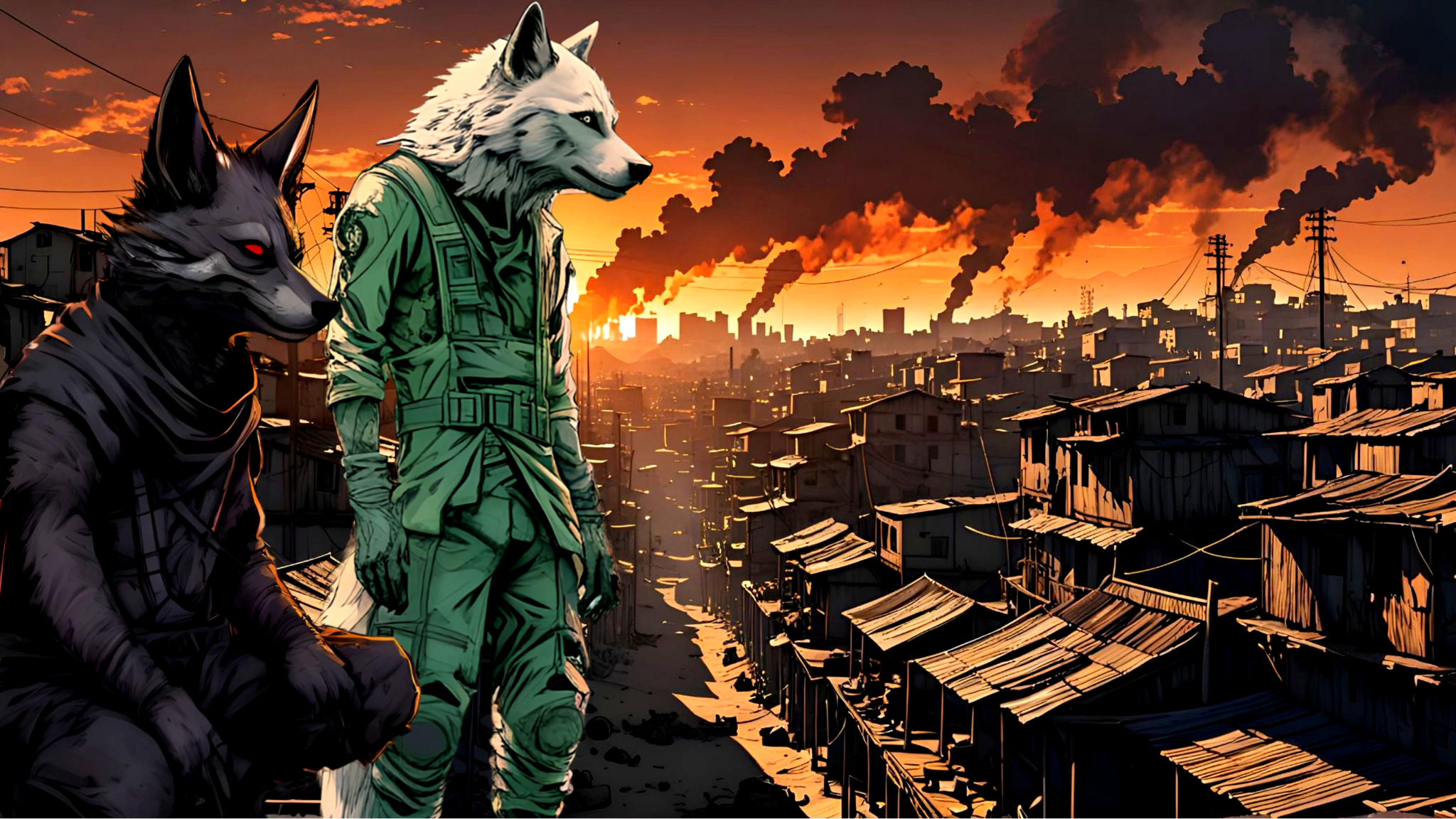 Furry art by Wolfmks #73 Dying Light - My, Art, Neural network art, Furry art, Furry, Jackal, Wolf, Slum, Fire