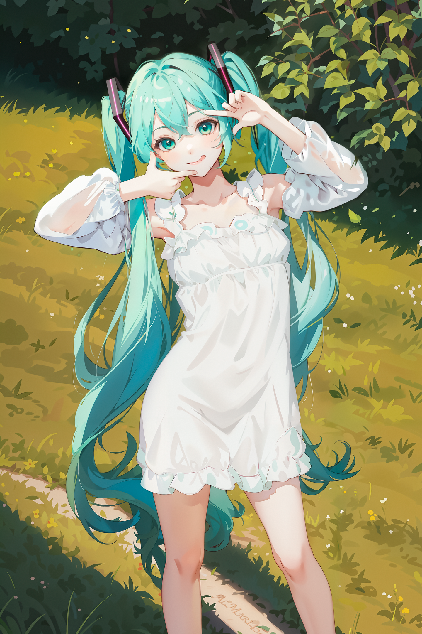 Friday Miku #3: This will be a good shot! - My, Hatsune Miku, Anime art, Neural network art, Stable diffusion, Digital drawing, Blue eyes, The dress, Frame, Girls, Walk, Language, Portrait, Colorful hair, sleeves