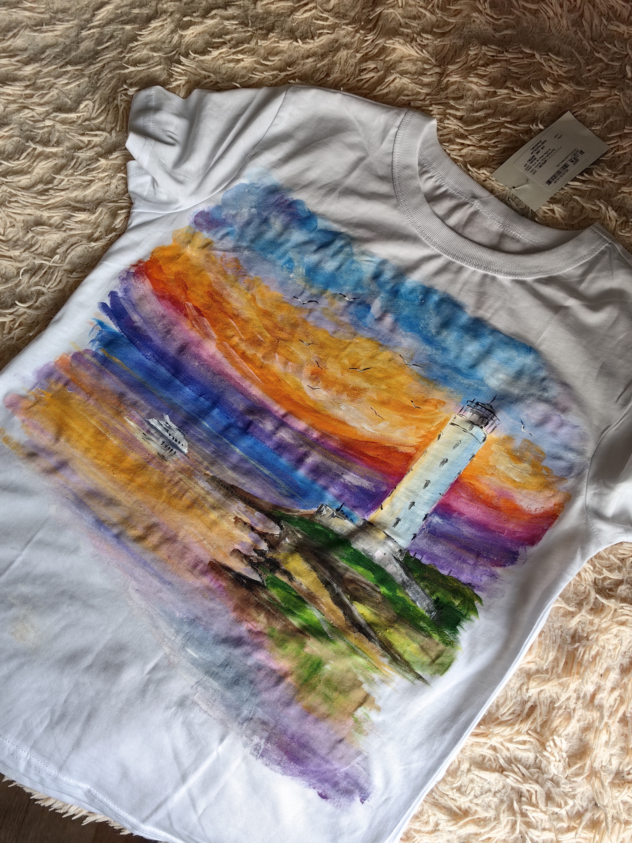 Sunset - My, Girls, Painting, Lighthouse, Sea, Impressionism, Handmade, Acrylic, Sunset, Painting on fabric, Paints, Longpost