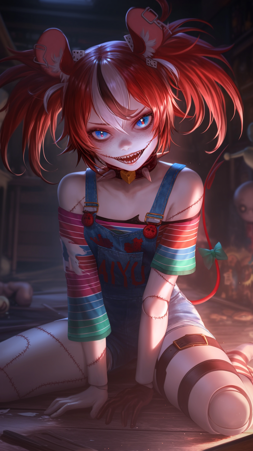 Little doll Baelz part 2 - My, Anime art, Hololive, Hakos Baelz, Chucky doll, Bride of Chucky, Neural network art, Horror, Longpost, Virtual youtuber