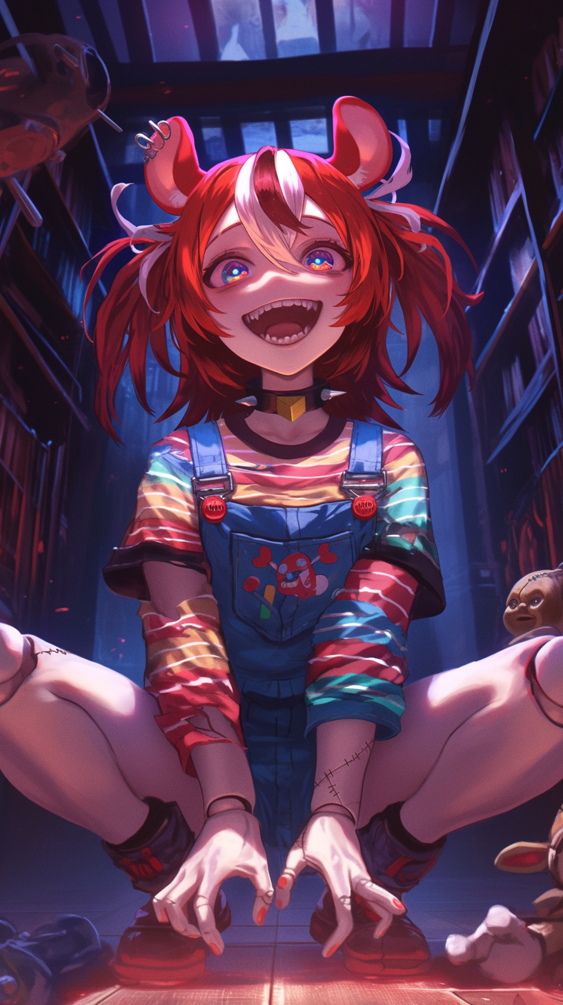 Little doll Baelz part 2 - My, Anime art, Hololive, Hakos Baelz, Chucky doll, Bride of Chucky, Neural network art, Horror, Longpost, Virtual youtuber