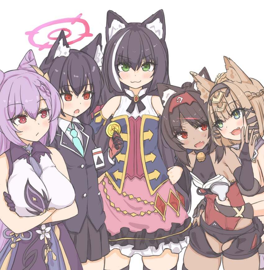 Gathering of cat girls - Anime, Anime art, Keqing (Genshin Impact), Nekomiya Mana (zzz), Pardofelis, Kuromi Serika, Blue archive, Genshin impact, Zenless Zone Zero, Princess Connect! Re: Dive, Crossover, Skirt, Bells, Nimbus, Animal ears