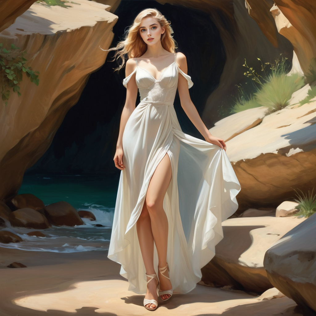 Cave in the canyon #3 - My, Girls, Neural network art, Women, Fantasy, Middle Ages, The dress, Neckline, Blonde