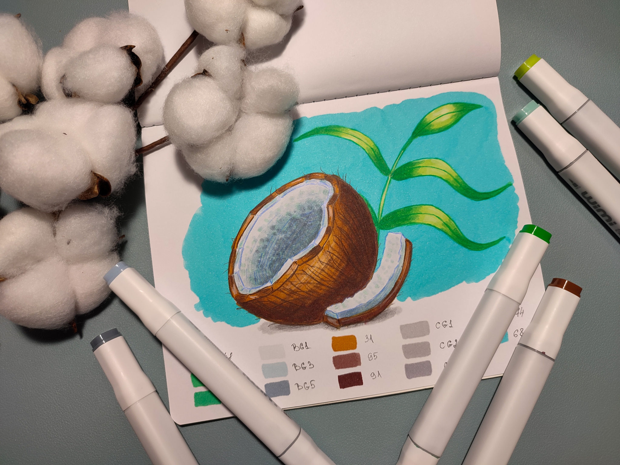 How to draw a coconut with alcohol markers? - My, Painting, Alcohol markers, Video lessons, Drawing, Sketchbook, Beginner artist, Video, Youtube