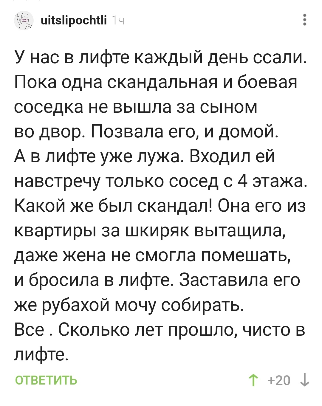 Где такую соседку взять?! - Соседи, Талантливая соседка, Лифт, Фекалии, Комментарии на Пикабу, Скриншот