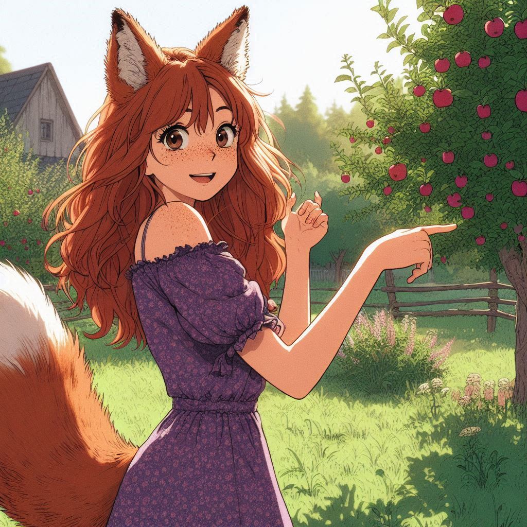 Applepocalypse - My, Neural network art, Anime art, Art, Girls, Нейронные сети, Anime, Original character, Kitsune, Animal ears, Tail, Redheads, Freckles, Apples, Harvest, Ginger & White, Longpost