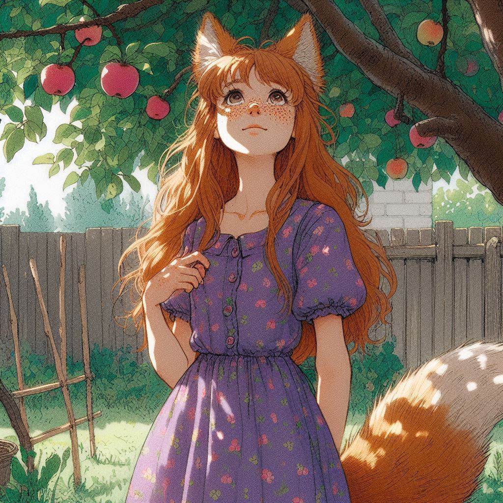 Applepocalypse - My, Neural network art, Anime art, Art, Girls, Нейронные сети, Anime, Original character, Kitsune, Animal ears, Tail, Redheads, Freckles, Apples, Harvest, Ginger & White, Longpost