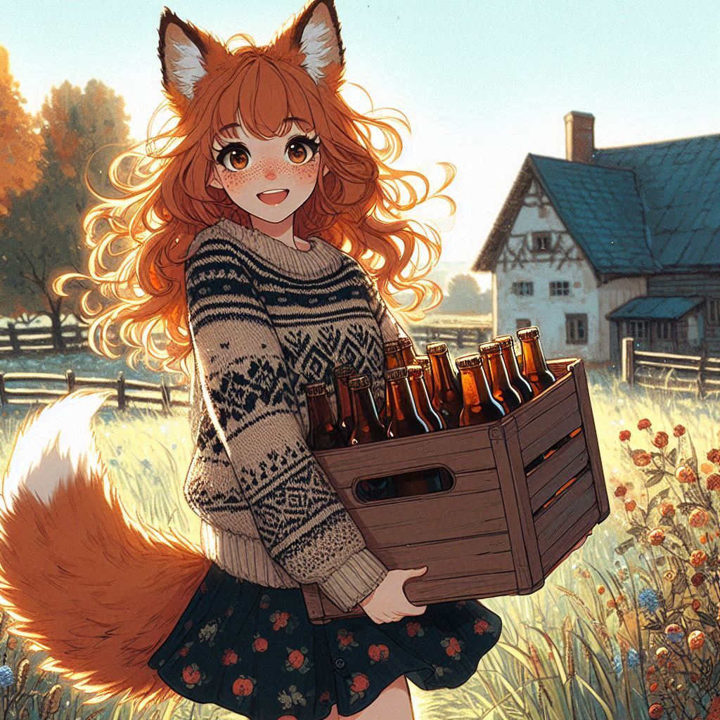 Applepocalypse - My, Neural network art, Anime art, Art, Girls, Нейронные сети, Anime, Original character, Kitsune, Animal ears, Tail, Redheads, Freckles, Apples, Harvest, Ginger & White, Longpost