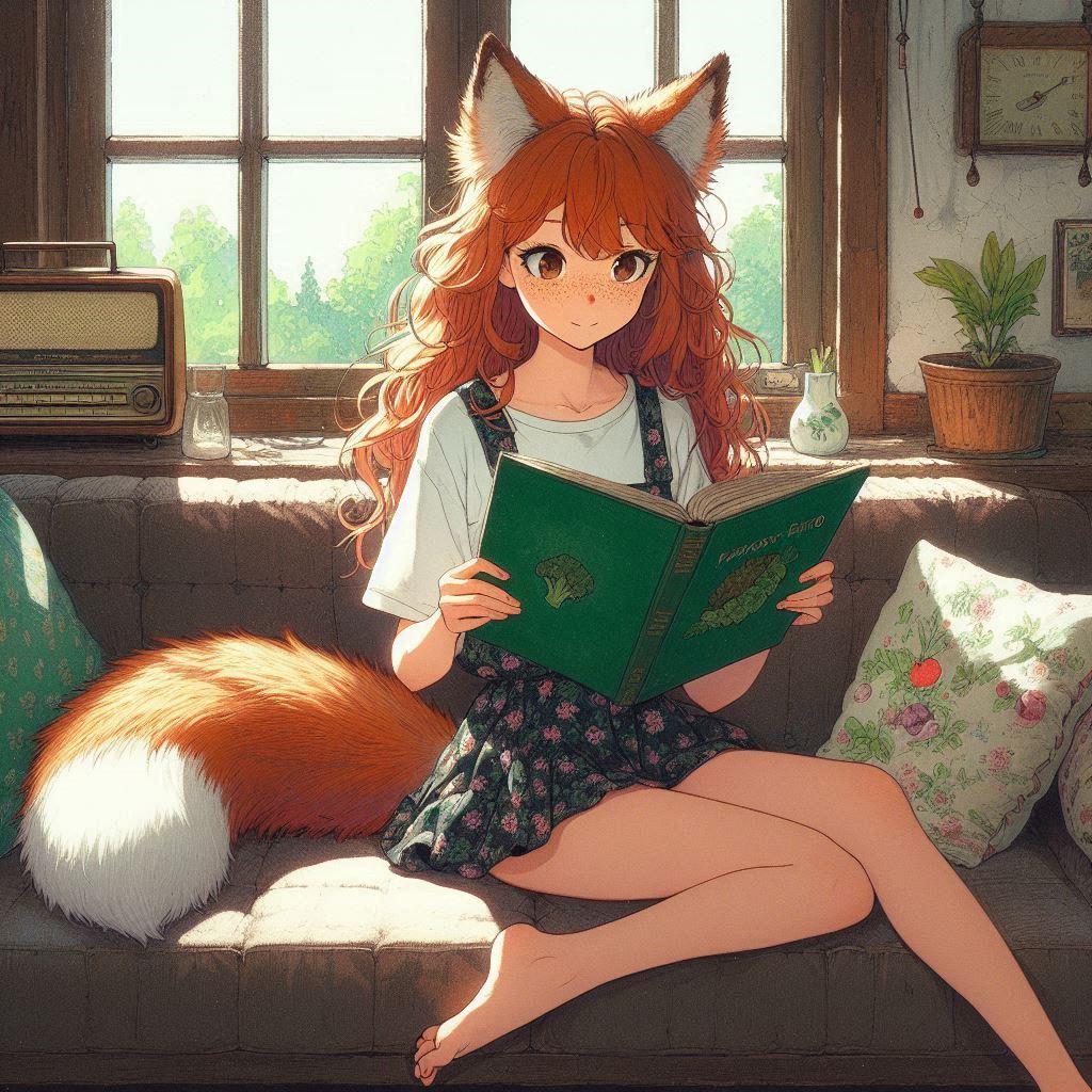 Applepocalypse - My, Neural network art, Anime art, Art, Girls, Нейронные сети, Anime, Original character, Kitsune, Animal ears, Tail, Redheads, Freckles, Apples, Harvest, Ginger & White, Longpost