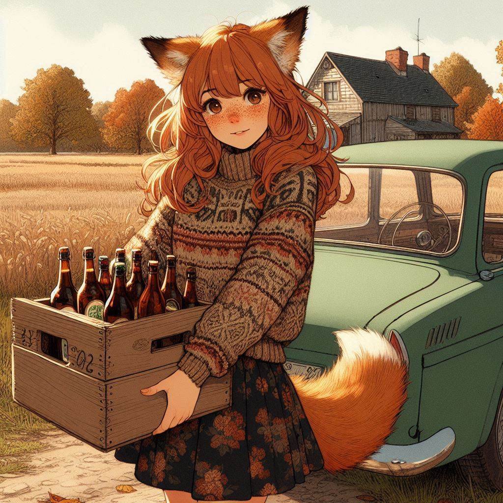 Applepocalypse - My, Neural network art, Anime art, Art, Girls, Нейронные сети, Anime, Original character, Kitsune, Animal ears, Tail, Redheads, Freckles, Apples, Harvest, Ginger & White, Longpost