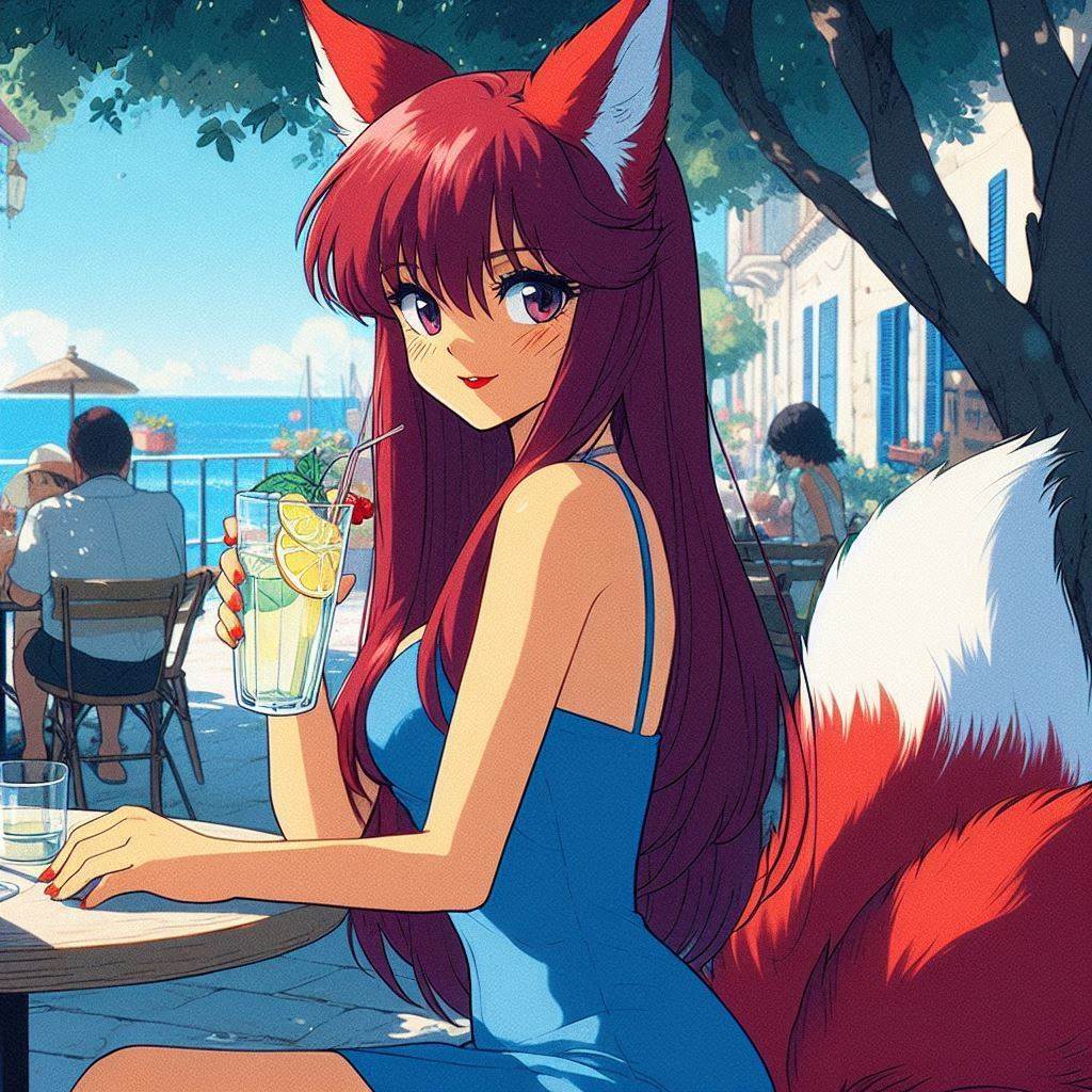 Mona and the sea - My, Art, Neural network art, Нейронные сети, Girls, Anime art, Anime, Original character, Kitsune, Animal ears, Tail, Swimsuit, Sea, Beach, Summer, Ginger & White, Longpost