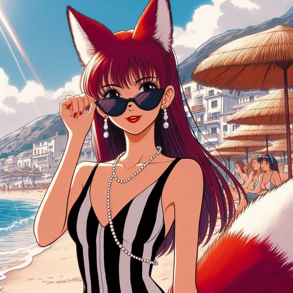 Mona and the sea - My, Art, Neural network art, Нейронные сети, Girls, Anime art, Anime, Original character, Kitsune, Animal ears, Tail, Swimsuit, Sea, Beach, Summer, Ginger & White, Longpost