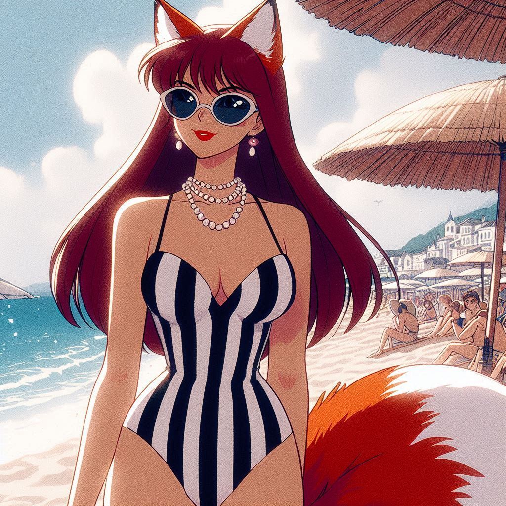 Mona and the sea - My, Art, Neural network art, Нейронные сети, Girls, Anime art, Anime, Original character, Kitsune, Animal ears, Tail, Swimsuit, Sea, Beach, Summer, Ginger & White, Longpost