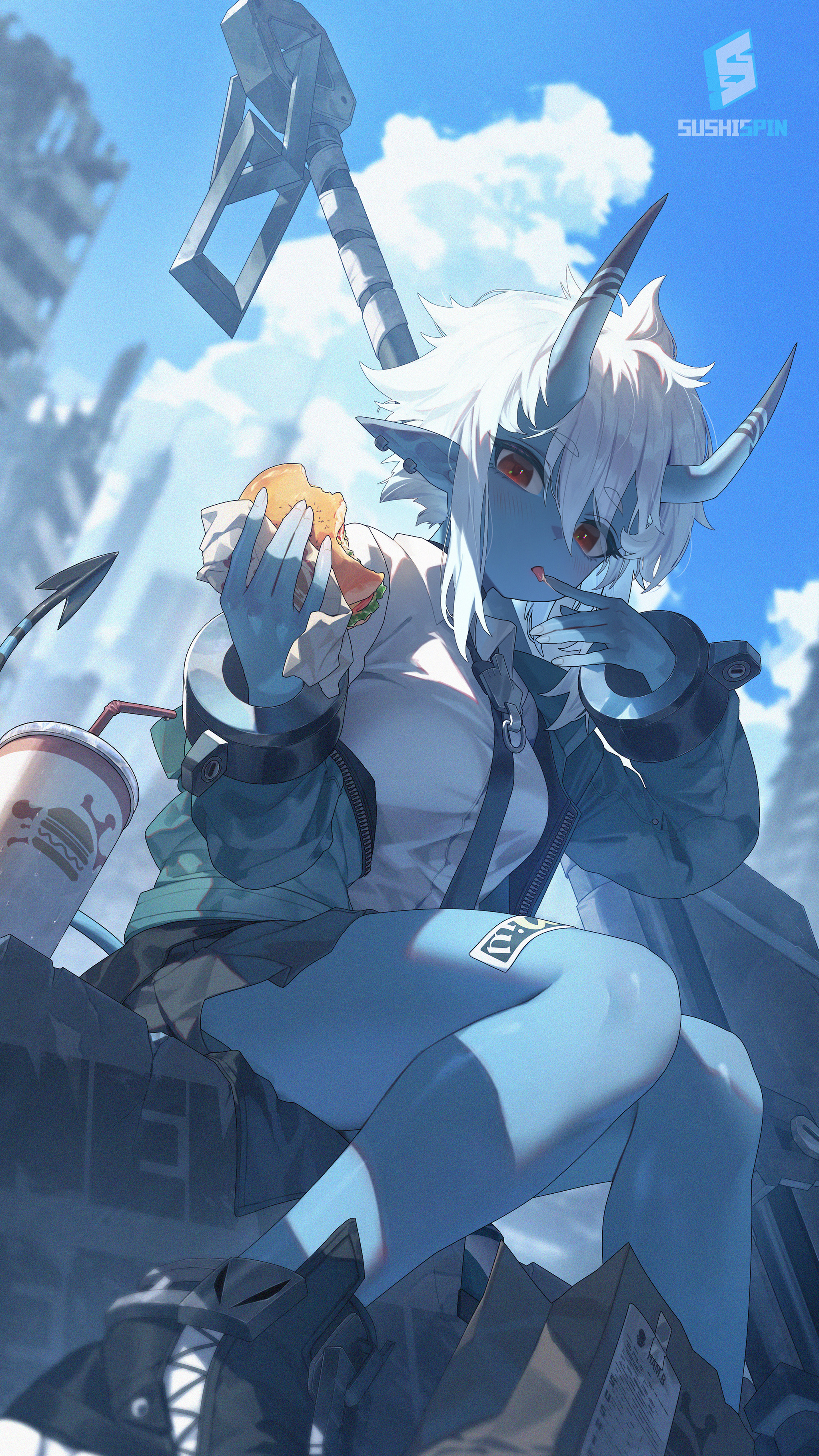 Snack - Anime art, Anime, Girls, Games, Zenless Zone Zero, Soukaku (zzz), Girl with Horns, Food, Is eating, Sushispin