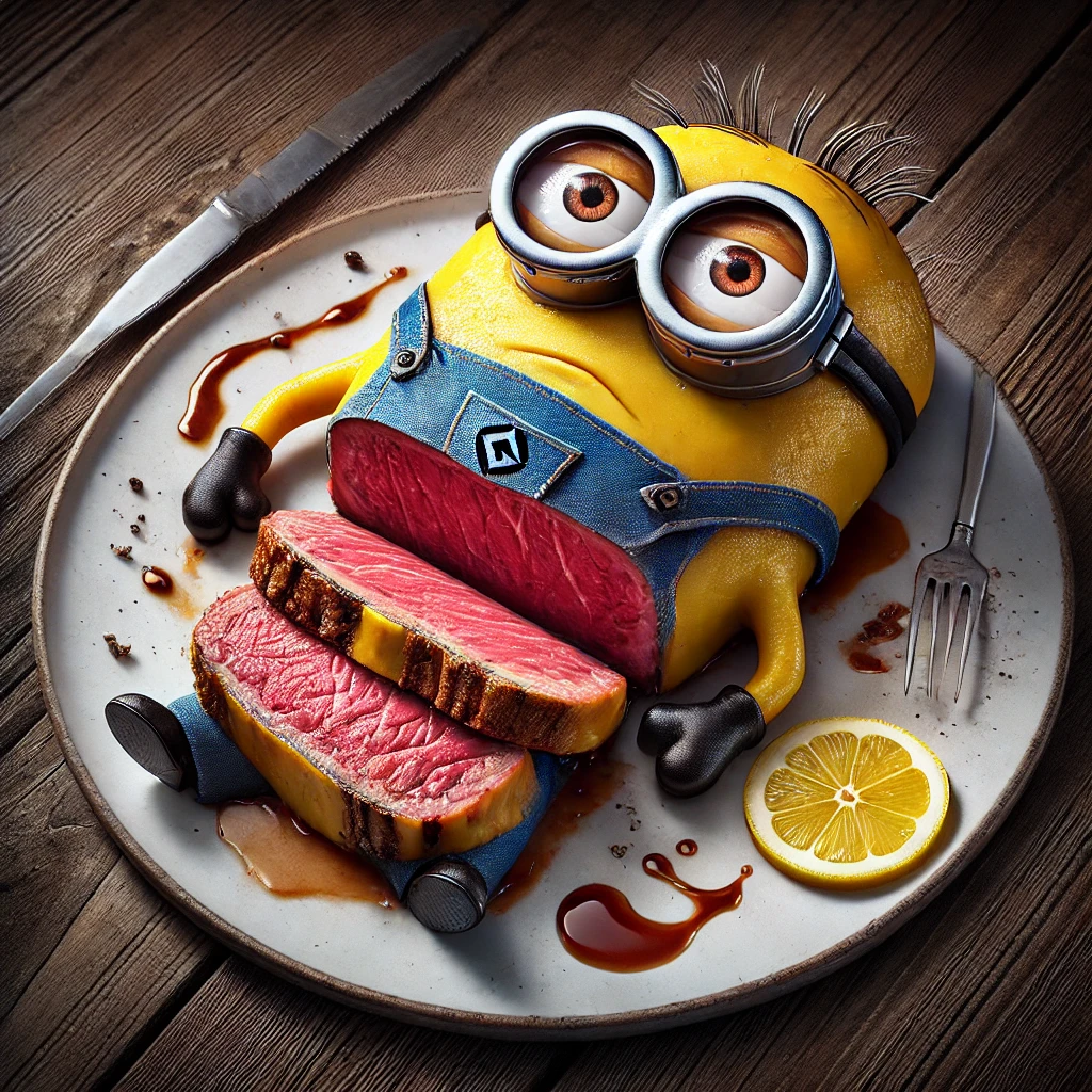 Filet mignon - My, Neural network art, Telegram (link), Humor, Нейронные сети, Midjourney, Minions, Food, Meat, Desktop wallpaper, Longpost