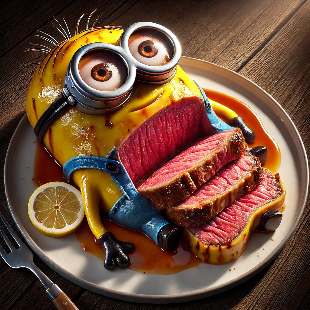 Filet mignon - My, Neural network art, Telegram (link), Humor, Нейронные сети, Midjourney, Minions, Food, Meat, Desktop wallpaper, Longpost