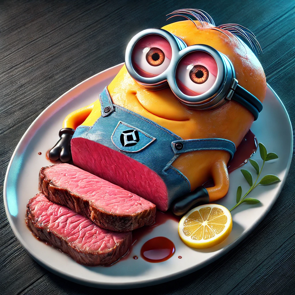 Filet mignon - My, Neural network art, Telegram (link), Humor, Нейронные сети, Midjourney, Minions, Food, Meat, Desktop wallpaper, Longpost