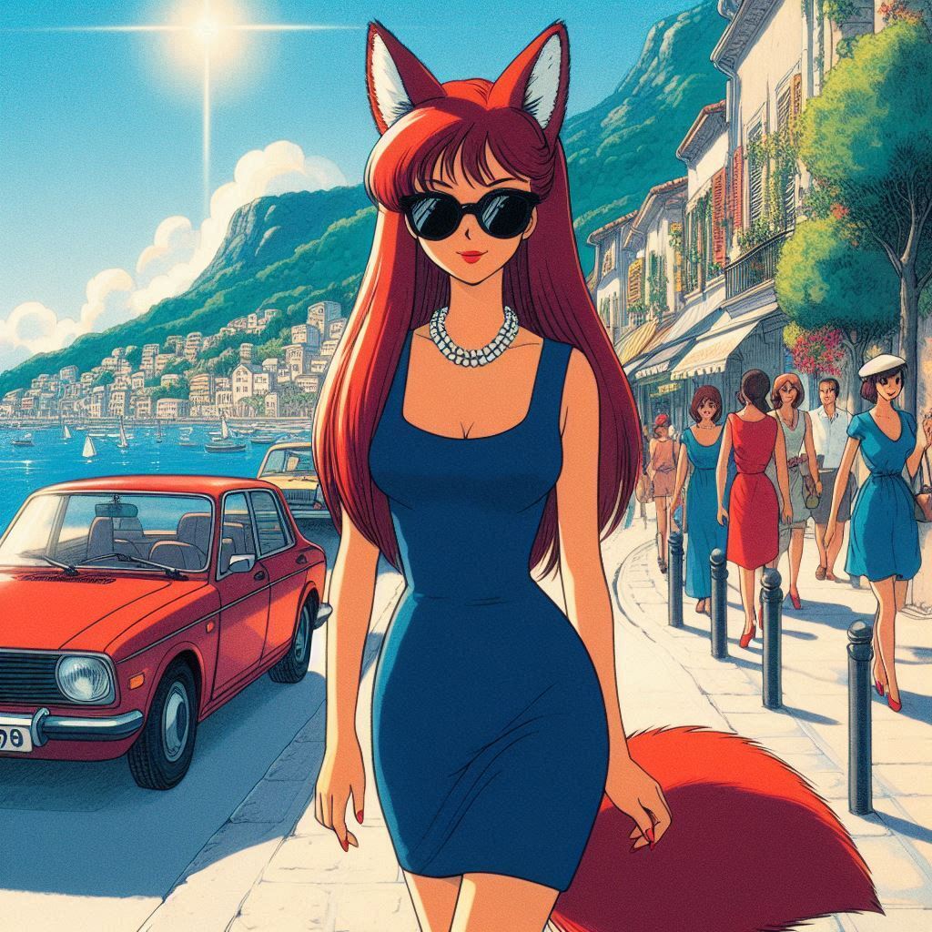 Mona and the sea - My, Art, Neural network art, Нейронные сети, Girls, Anime art, Anime, Original character, Kitsune, Animal ears, Tail, Swimsuit, Sea, Beach, Summer, Ginger & White, Longpost