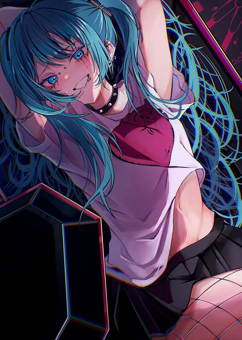 Hatsune Miku #110 - Аниме, Anime Art, Hatsune Miku, Девушки, Длинные волосы, Пирсинг, Сетка, Чокер, Мини-Юбка, Футболка, Живот