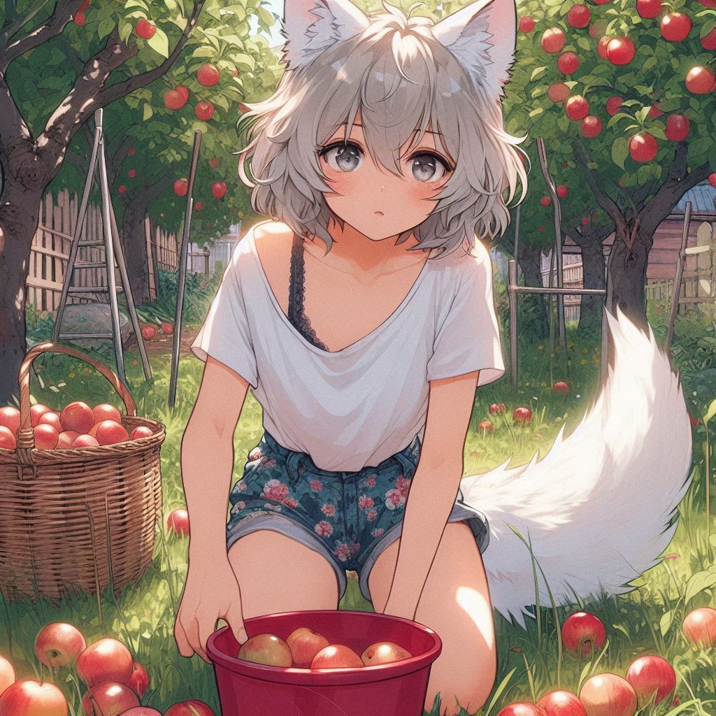 Applepocalypse - My, Neural network art, Anime art, Art, Girls, Нейронные сети, Anime, Original character, Kitsune, Animal ears, Tail, Redheads, Freckles, Apples, Harvest, Ginger & White, Longpost