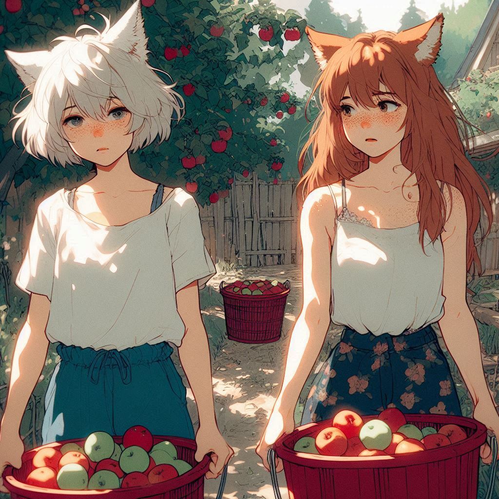 Applepocalypse - My, Neural network art, Anime art, Art, Girls, Нейронные сети, Anime, Original character, Kitsune, Animal ears, Tail, Redheads, Freckles, Apples, Harvest, Ginger & White, Longpost