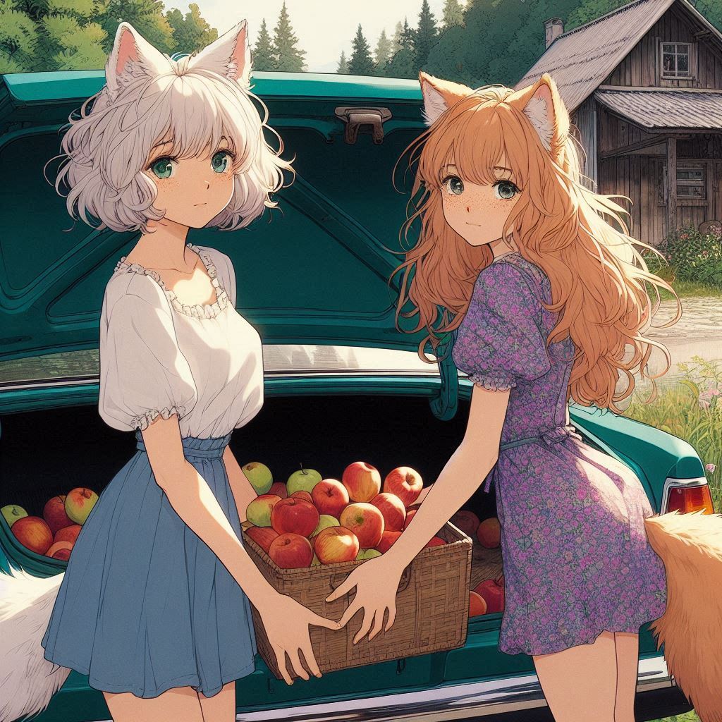 Applepocalypse - My, Neural network art, Anime art, Art, Girls, Нейронные сети, Anime, Original character, Kitsune, Animal ears, Tail, Redheads, Freckles, Apples, Harvest, Ginger & White, Longpost