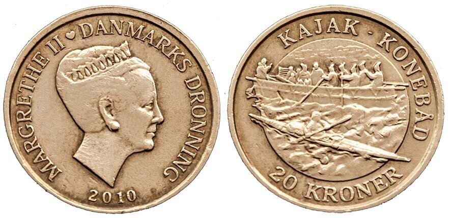 Ships on coins. Denmark - kayak and umiak - My, Numismatics, Coin, Nikon, The photo, Europe, Denmark, A boat, Ship, Peoples of the North, Sea