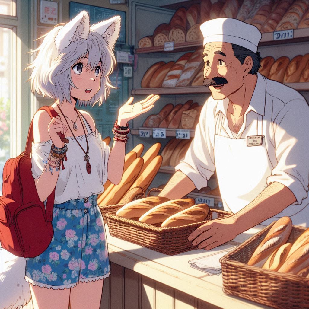 We have opened a new bakery - My, Girls, Нейронные сети, Neural network art, Art, Anime art, Anime, Original character, Kitsune, Animal ears, Tail, Bakery, Summer, Ginger & White, Longpost