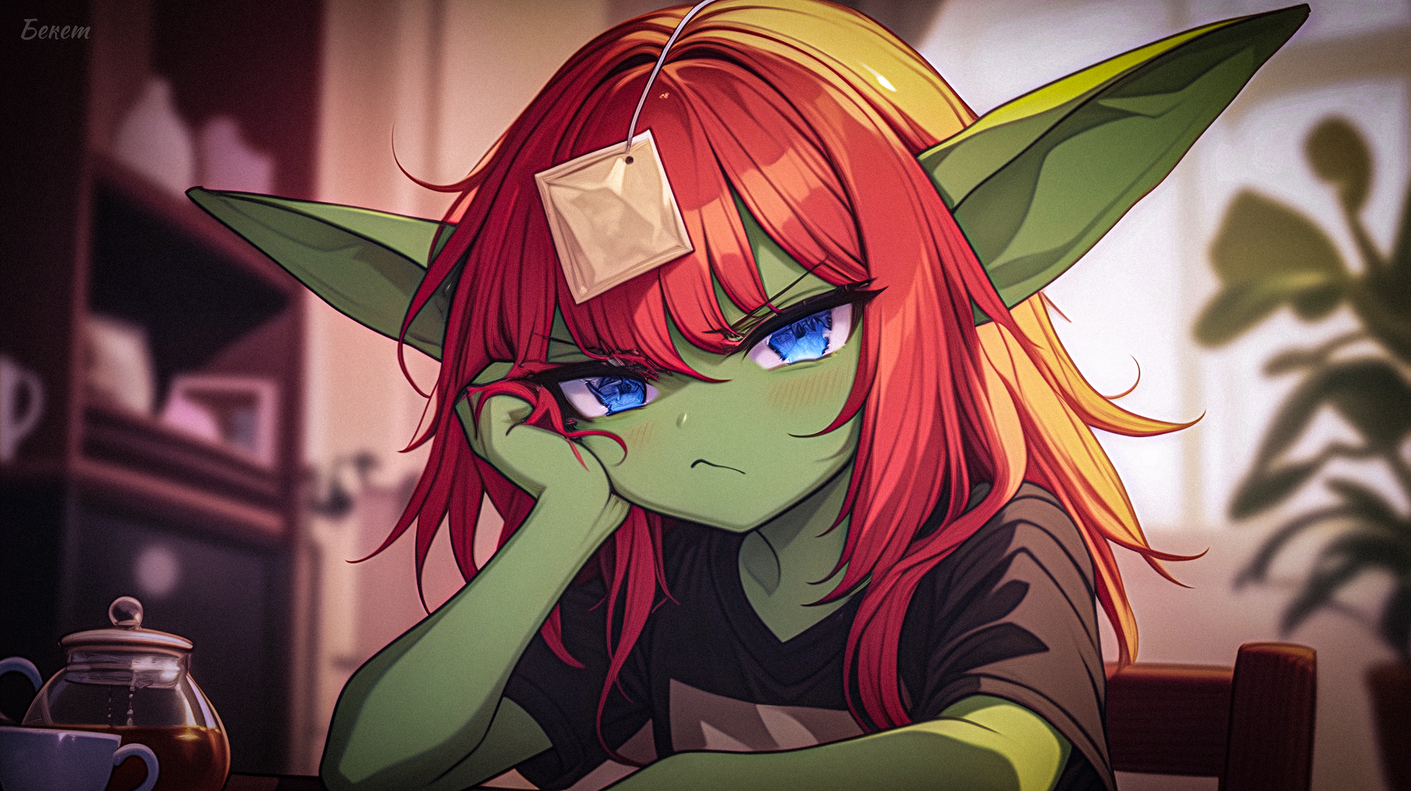 A goblin woman puts a tea bag on her face - My, Survey, Нейронные сети, Neural network art, Stable diffusion, Goblins, Goblin-Tian, Anime, Anime art, Original character, Longpost