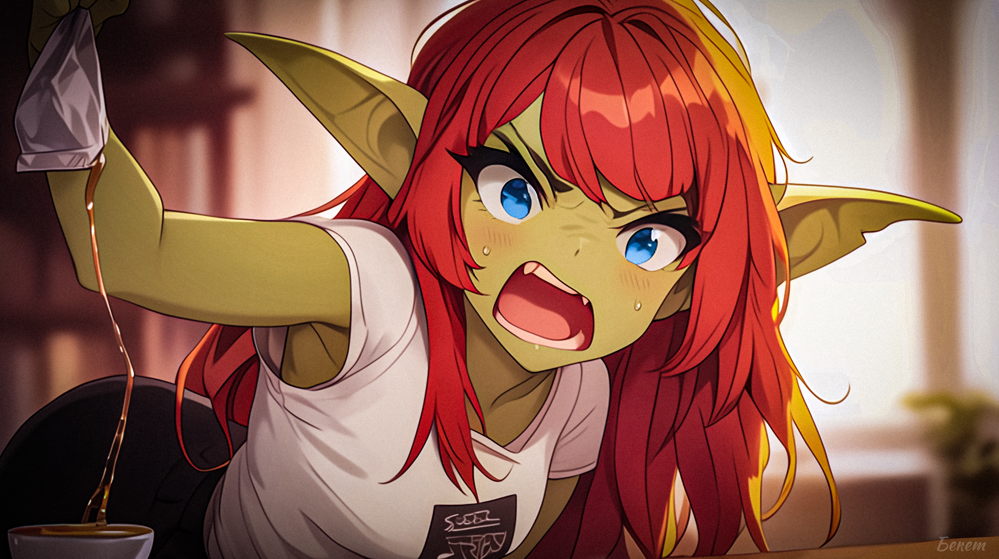 A goblin woman puts a tea bag on her face - My, Survey, Нейронные сети, Neural network art, Stable diffusion, Goblins, Goblin-Tian, Anime, Anime art, Original character, Longpost