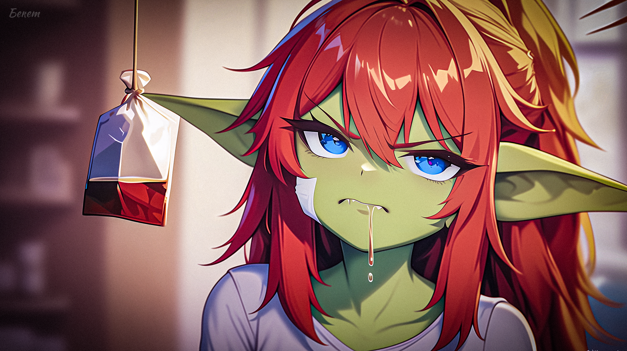 A goblin woman puts a tea bag on her face - My, Survey, Нейронные сети, Neural network art, Stable diffusion, Goblins, Goblin-Tian, Anime, Anime art, Original character, Longpost