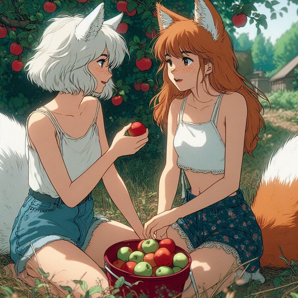 Applepocalypse - My, Neural network art, Anime art, Art, Girls, Нейронные сети, Anime, Original character, Kitsune, Animal ears, Tail, Redheads, Freckles, Apples, Harvest, Ginger & White, Longpost